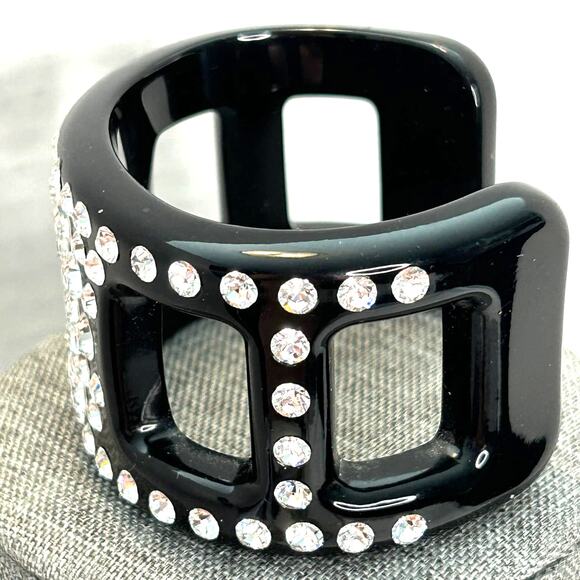 Reserved...NFS   Vintage Black Lucite Rhinestone Chunky Wide Cuff Bracelet - Picture 4 of 7
